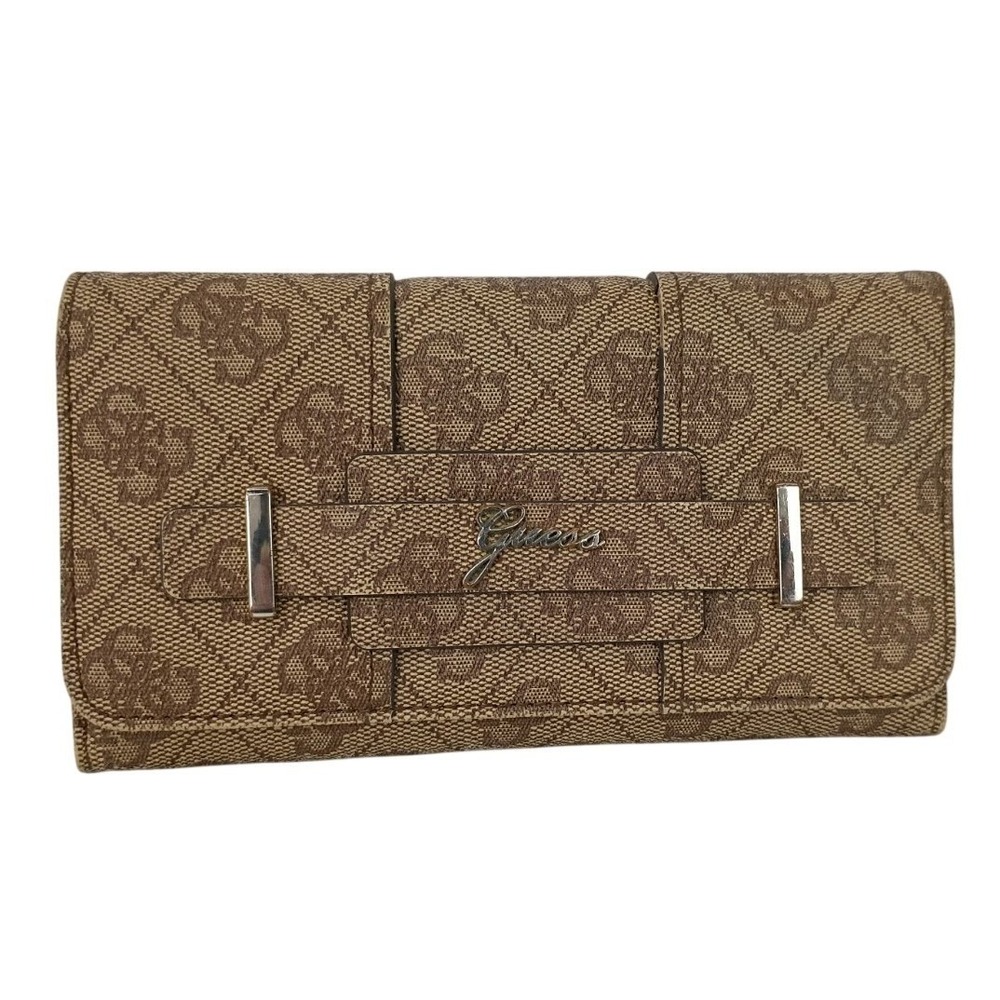 Guess Women's Monogram Logo Brown Bi-Fold Snap Wallet Clutch Card Holder